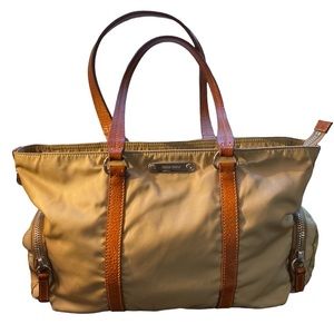 Miu Miu Prada tan nylon tote bag with brown leather accents
